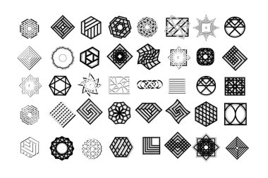 Geometrik şekiller kümesi. Trendy hipster arka plan ve Logotype. Din, felsefe, maneviyat, yöneltici semboller koleksiyonu. Vektör