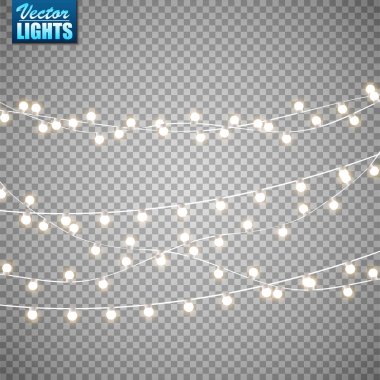 Noel ışıkları üzerinde şeffaf arka plan izole. Altın xmas parlayan garland kümesi. Vektör çizim. Eps10