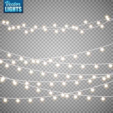 Noel ışıkları üzerinde şeffaf arka plan izole. Altın xmas parlayan garland kümesi. Vektör çizim. Eps10