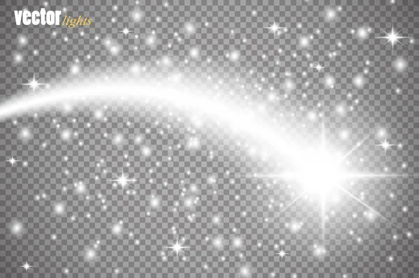 Set of magic glowing spark swirl trail effect isolated on transparent background. Bokeh glitter wave line with flying sparkling flash lights. Vector illustration. Vector