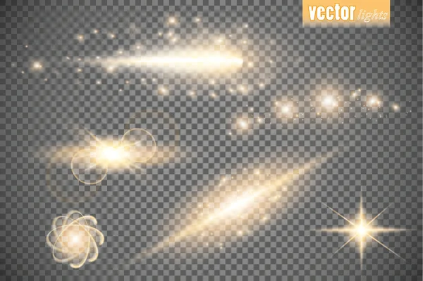 Conjunto Estrellas Con Efecto Luz Brillante Estalla Con Destellos Aislados — Vector de stock