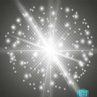 Parlak ışık efekti. Parıltılı yıldız patlaması. Altın parıldayan ışıklar. Vektör