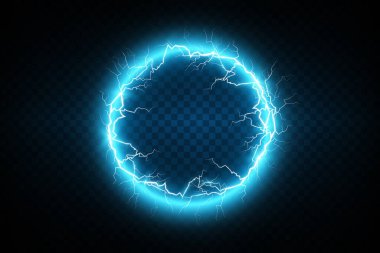 Etrafında çarpıcı yıldırım efektleriyle güçlendirilmiş göz alıcı bir elektrik mavi daire.