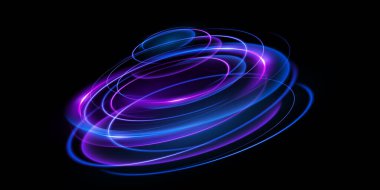 Karanlık bir arka planda büyüleyici mavi ve mor kıvrımlı parlak ışık desenlerini tecrübe edin.