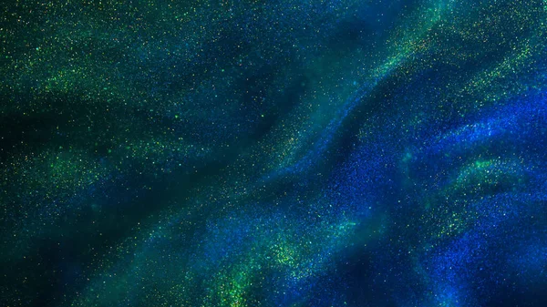 Abstract magic galaxy background. Golden glitter particles on a dark green background with blue hues. Golden dust particles magical stains with depth of field in dark green fluid waves.
