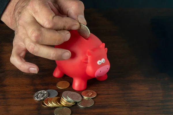 Männerhand Steckt Eine Münze Ein Sparschwein — Stockfoto