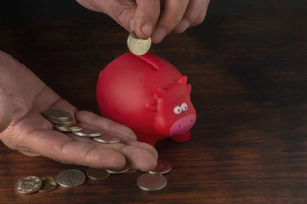 Männerhand Steckt Eine Münze Ein Sparschwein — Stockfoto