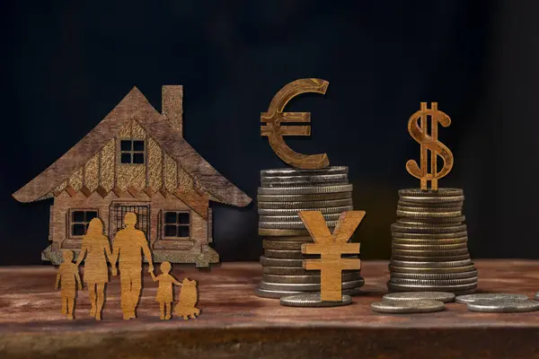 House prices, Family in front of a house and different currency symbols