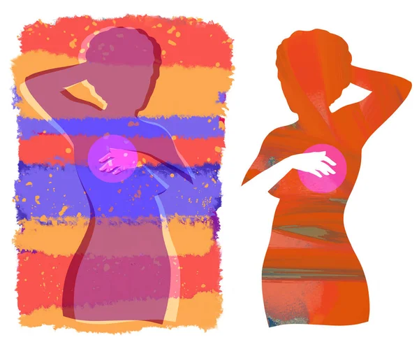 Illustration Woman Silhouette Self Examining Breast Abstract Colorful Conceptual Illustration — Stock Photo, Image