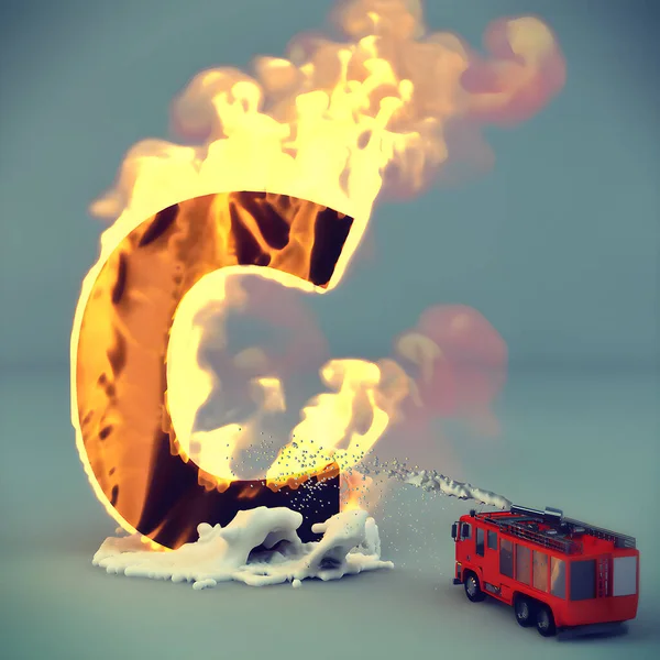 Creative 3D Typography Design - Alphabet series - letter C engulfed in flames complete with a fire truck trying to put out the fire
