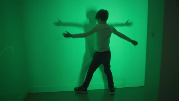 科学と物理学幸せな子供は光の効果で遊び壁に影を残します — ストック動画