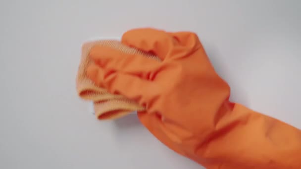 Cleaning Female Hand Protective Gloves Help Detergent Microfiber Cloth Wipes — Stockvideo