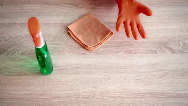 Woman Puts Protective Gloves Hands Applies Detergent Spray Bottle Cleans — Vídeos de Stock