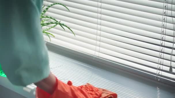 Housewife Gloves Cleans Apartment Dusts Window Sill Detergent Microfiber Cloth — Vídeos de Stock