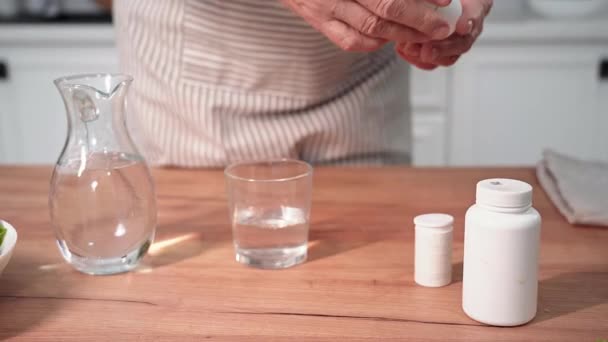 Old Woman Feeling Unwell Drinking Pills Headache While Standing Kitchen — Vídeos de Stock