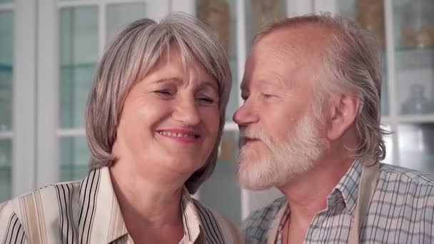 Portrait Old Married Couple Elderly Man Kisses His Wife Cheek — Stockvideo
