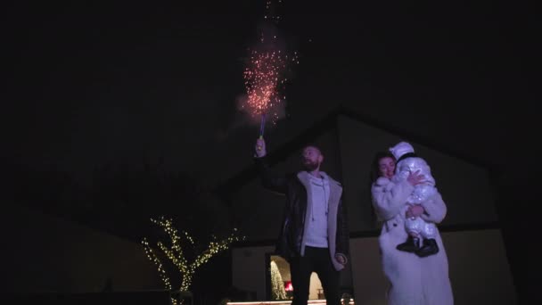 Family Party Joyful Woman Man Children Have Fun Launching Fireworks — Vídeo de Stock