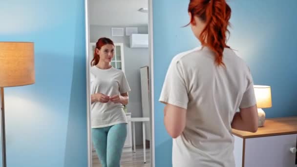 Diet Fitness Smiling Young Woman Goes Mirror Measures Waist Sewing — Stock videók