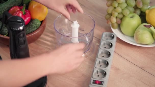 Young Woman Assembling Modern Kitchen Blender Plugged Socket Table Close — Stockvideo