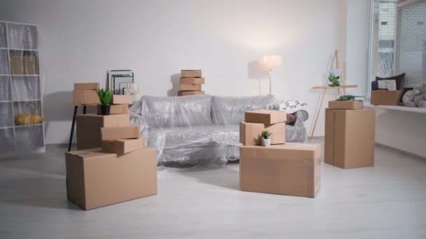 Новый Дом Мебель Коробками Переезда Квартиру Стоит Фоне Белых Стен — стоковое видео
