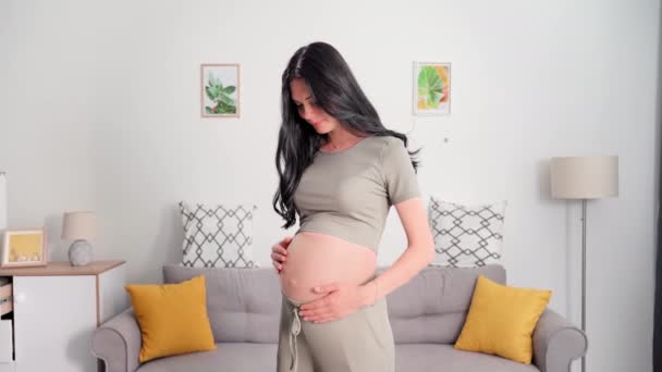 孕妇用双手触摸大肚子的肖像 婴儿站在房间里 — 图库视频影像