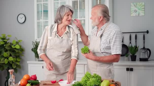 Rodinné Vztahy Starší Pár Baví Společně Připravit Čerstvé Šťavnaté Zeleninový — Stock video