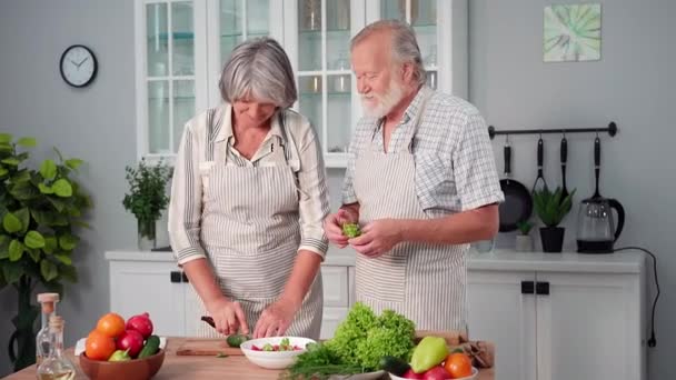 适当的营养 年长的配偶在围裙里一起准备美味的成熟蔬菜沙拉 同时站在厨房里 — 图库视频影像