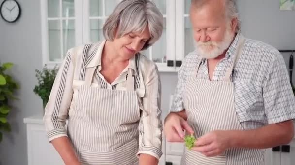 Vegetariánské Jídlo Starší Muž Žena Krájet Čerstvou Zdravou Zeleninu Společně — Stock video