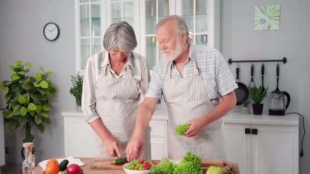Retratos Homem Velho Mulher Idosa Divertindo Juntos Preparando Lanche Legumes — Vídeo de Stock