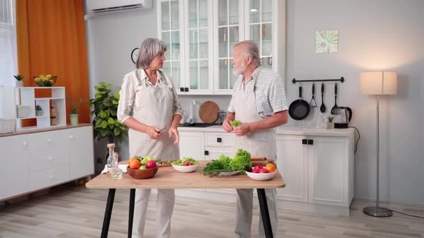 一位穿着围裙的迷人的老妇人和她的老丈夫在厨房里准备了一份新鲜蔬菜沙拉 补充了适当的营养以保持健康 — 图库视频影像
