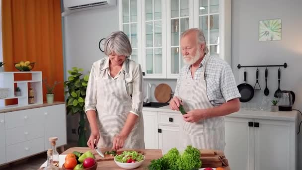 一位穿着围裙的老年男女的画像 他们正在厨房里准备新鲜蔬菜沙拉 微笑着看着镜头 — 图库视频影像
