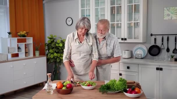 Portrét Milovaného Staršího Páru Připravujícího Oběd Společně Čerstvé Zralé Zeleniny — Stock video
