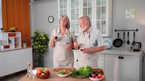 Loving Senior Spouses Glasses Wine Celebrating Anniversary Preparing Delicious Salad — Stock Video