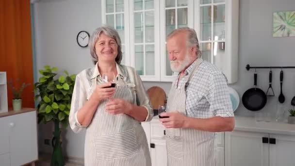 快乐的老年家庭 退休人员在厨房里准备晚饭的时候 一边手拿着酒杯一边谈笑风生 — 图库视频影像