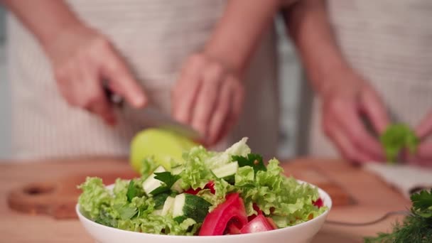 适当的营养 老年男子和老妇人一起在厨房里准备美味的新鲜蔬菜沙拉 — 图库视频影像