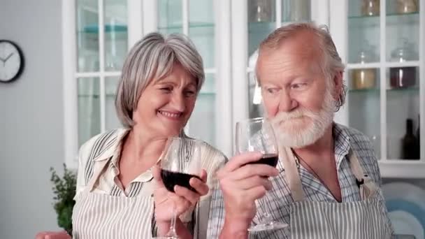 Romantisches Abendessen Ältere Eheleute Schürzen Mit Einem Glas Wein Haben — Stockvideo
