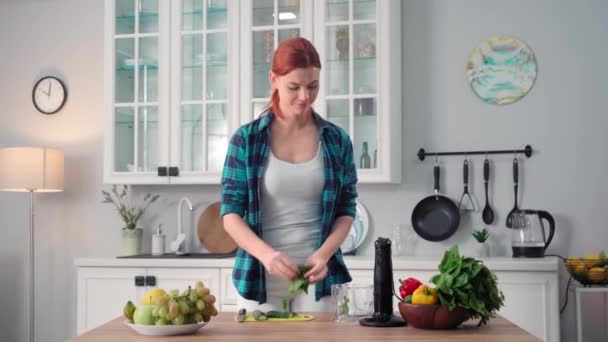 一个可爱女人的画像 她站在厨房的桌子旁边 准备蔬菜冰沙 把莴苣叶和新鲜黄瓜扔到搅拌机里搅拌 — 图库视频影像