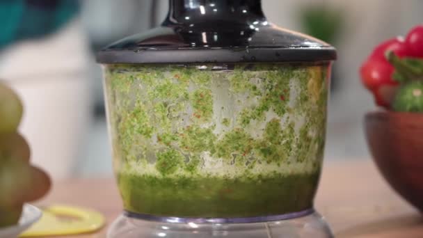 Trendy Diet Young Woman Grinds Fresh Vegetables Blender Make Smoothie — Stock Video