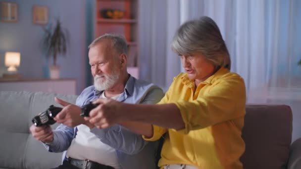 Happy Retirees Have Fun Playing Video Games Console Front While — Stock Video