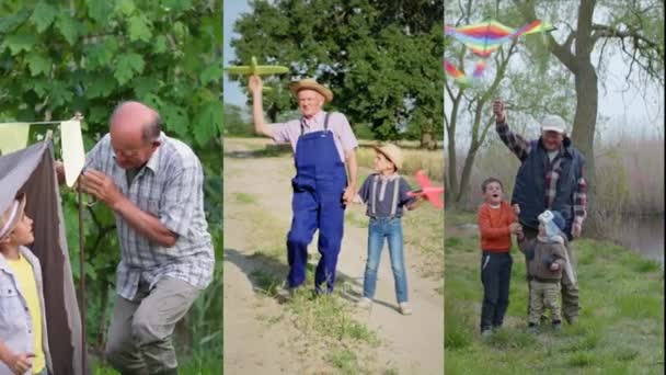 Collage Oudere Grootvader Genieten Van Vakantie Met Zijn Kleinzoon Spelen — Stockvideo