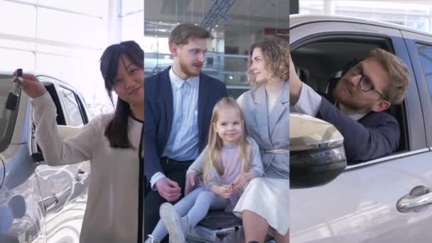 Αντιπροσωπεία Αυτοκινήτων Χαμογελαστοί Άνθρωποι Χαίρονται Την Αγορά Ενός Νέου Αυτοκινήτου — Αρχείο Βίντεο