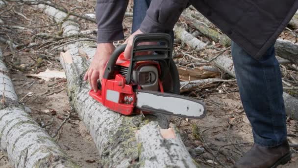 Lumberjack Elderly Man Starts Chainsaw Cut Trees Stumps Street Close — Stock Video
