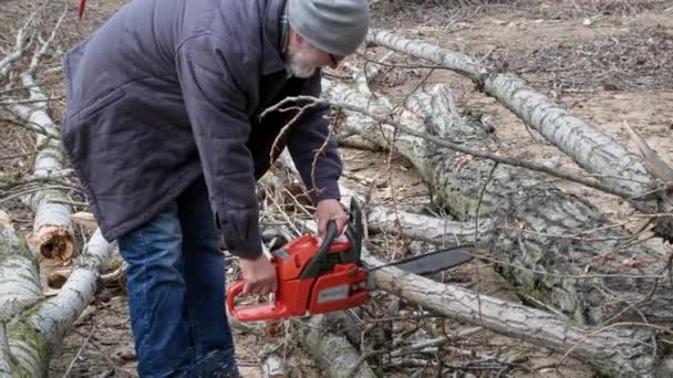 Dřevorubec Silný Starší Muž Šedými Vousy Motorovou Pilou Rozřezává Stromy — Stock video