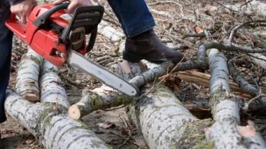 Yakacak odun kesiyor, elinde elektrikli testereyle yaşlı bir adam sokakta odun kesiyor, yakın plan.