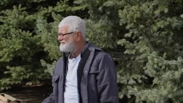 Retrato Anciano Encantador Con Hacha Las Manos Para Árbol Rublo — Vídeo de stock