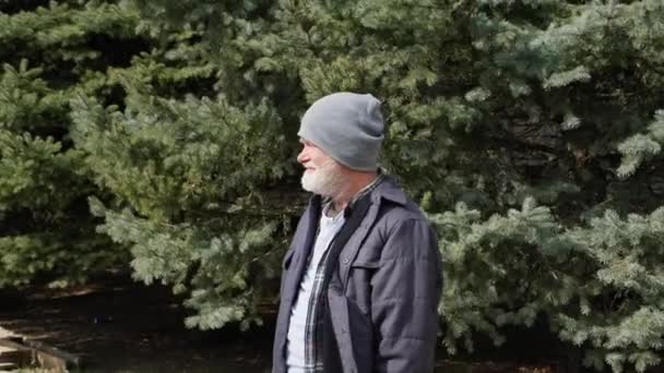 Різьблення Дереву Портрет Літнього Чоловіка Сірим Волоссям Бородою Капелюсі Сокирою — стокове відео