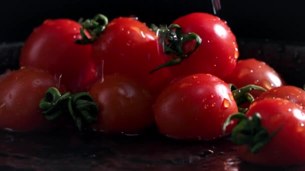 在收获季节收获的成熟的西红柿 在黑色背景上以水滴浇灌 — 图库视频影像