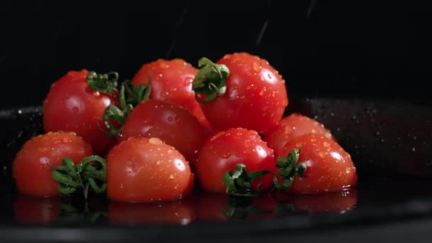 Färska Körsbär Tomater Beströdda Med Vatten Droppar Svart Bakgrund — Stockvideo