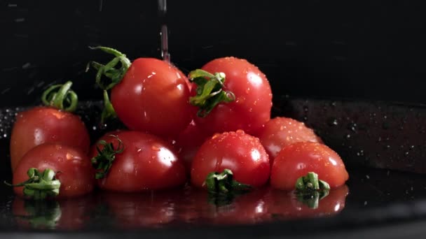 野菜の季節 熟したトマトは暗い背景にきれいな水で注ぎ クローズアップされます — ストック動画