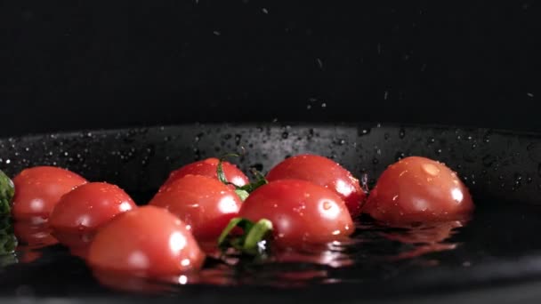 Stora Droppar Vatten Häller Mogna Saftiga Tomater Mörk Tallrik Närbild — Stockvideo